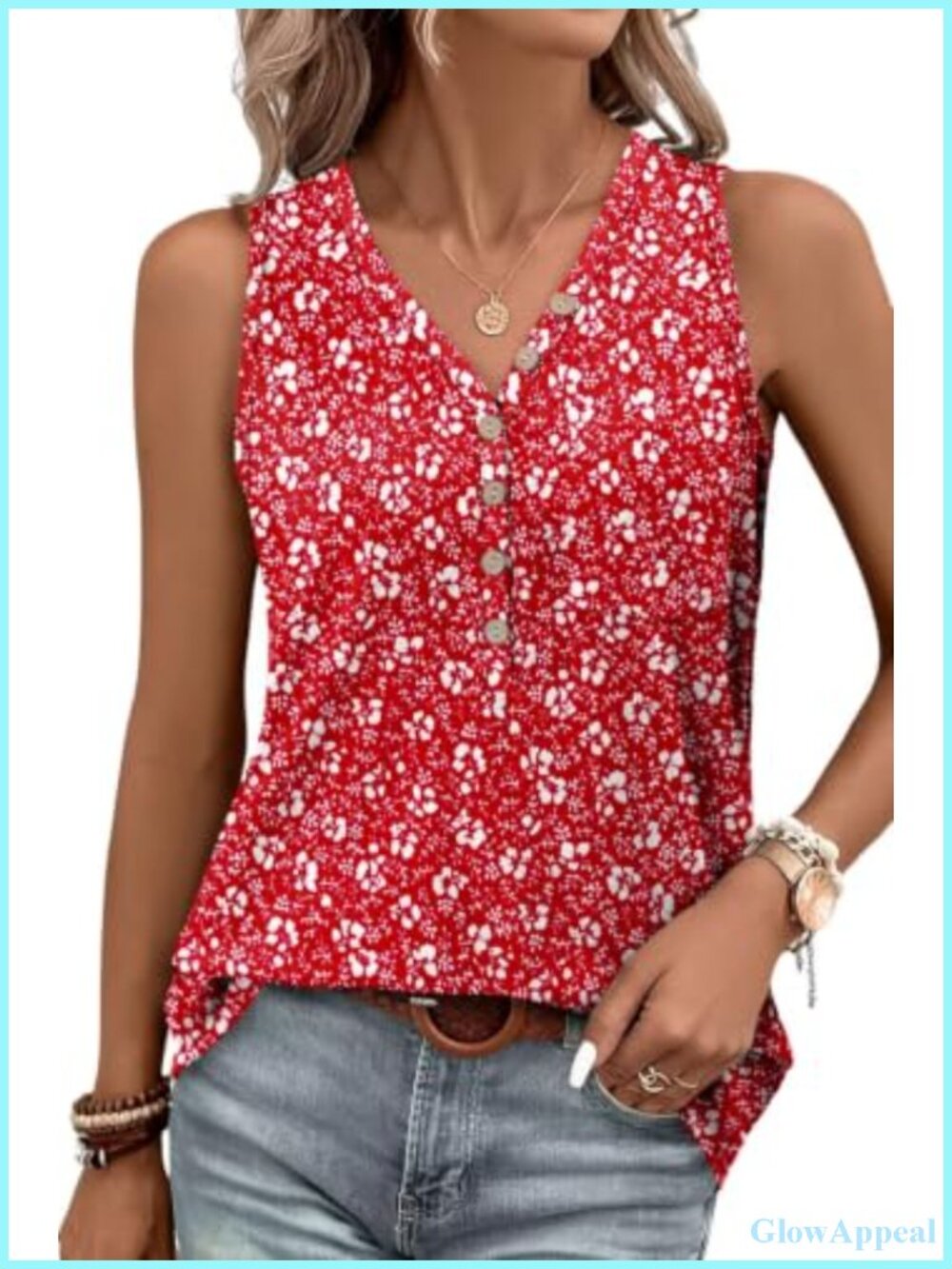 Womens Sleeveless Tank Loose Fit V-Neck Button Placket Casual Blouse
